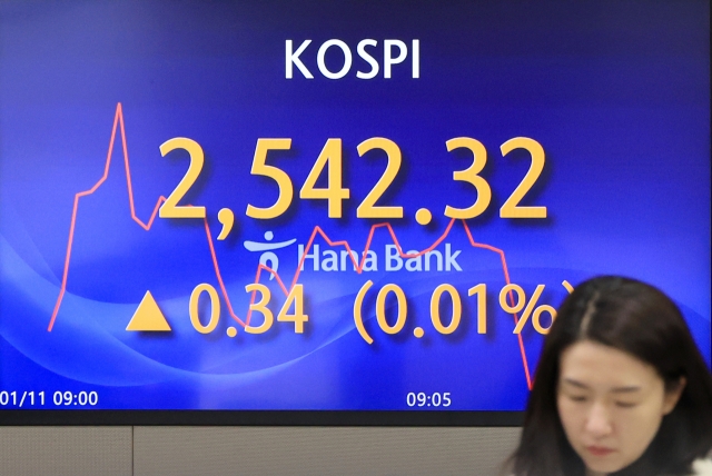 An electronic board showing the Korea Composite Stock Price Index at a dealing room of the Hana Bank headquarters in Seoul on Thursday. (Yonhap)