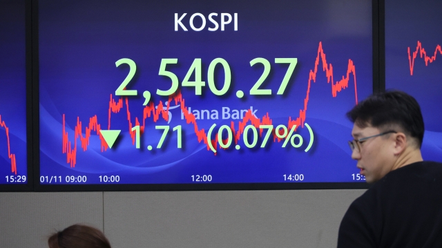 An electronic board showing the Korea Composite Stock Price Index at a dealing room of the Hana Bank headquarters in Seoul on Thursday. (Yonhap)