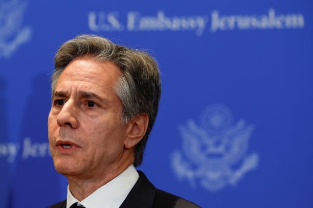 US Secretary of State Antony Blinken answers questions during a press conference, during his week-long trip aimed at calming tensions across the Middle East, in Tel Aviv, Israel, Tuesday. (Reuters)