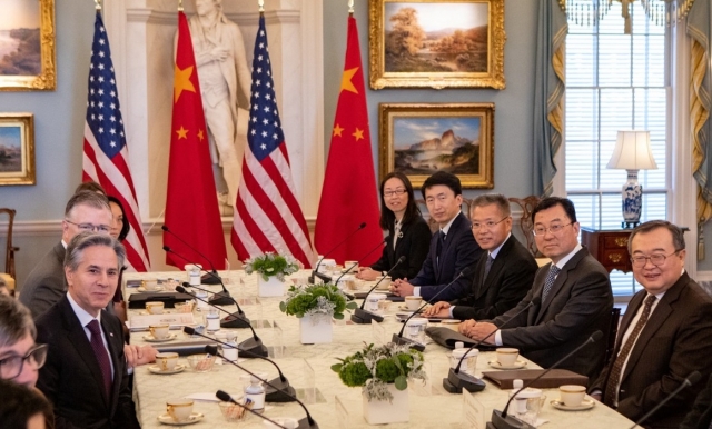 US Secretary of State Antony Blinken holds talks with Chinese Communist Party International Liaison Department Minister Liu Jianchao at the State Department in Washington on Jan. 12, 2024, in this photo released by Reuters. (Yonhap)