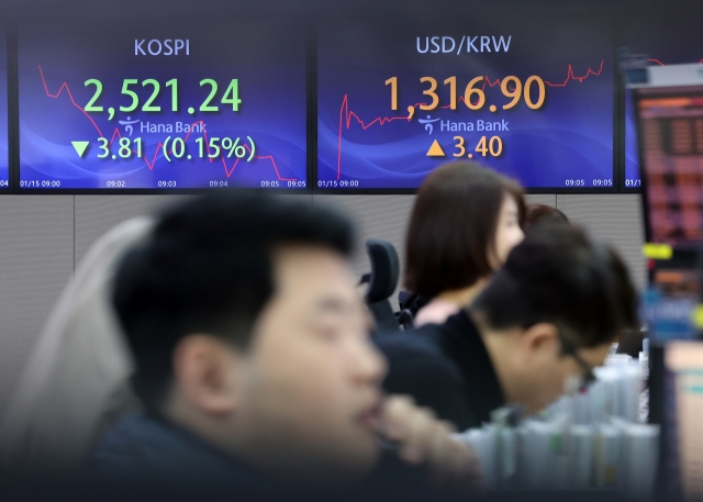 An electronic board showing the Korea Composite Stock Price Index at a dealing room of the Hana Bank headquarters in Seoul on Monday. (Yonhap)