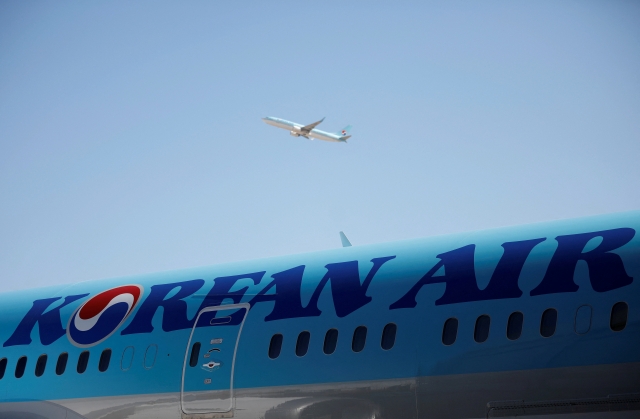 The logo of Korean Airlines is seen on a B787-9 plane at its aviation shed in Incheon, South Korea, Feb. 27, 2017. (Reuters-Yonhap)