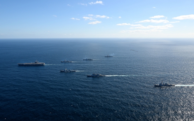 South Korea, the United States, and Japan jointly conducted naval drills in waters south of the Korean Peninsula on Wednesday. (Joint Chiefs of Staff )