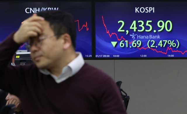 An electronic board showing the Korea Composite Stock Price Index at a dealing room of the Hana Bank headquarters in Seoul on Wednesday. (Yonhap)