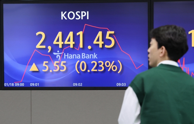 An electronic board showing the Korea Composite Stock Price Index at a dealing room of the Hana Bank headquarters in Seoul on Thursday. (Yonhap)