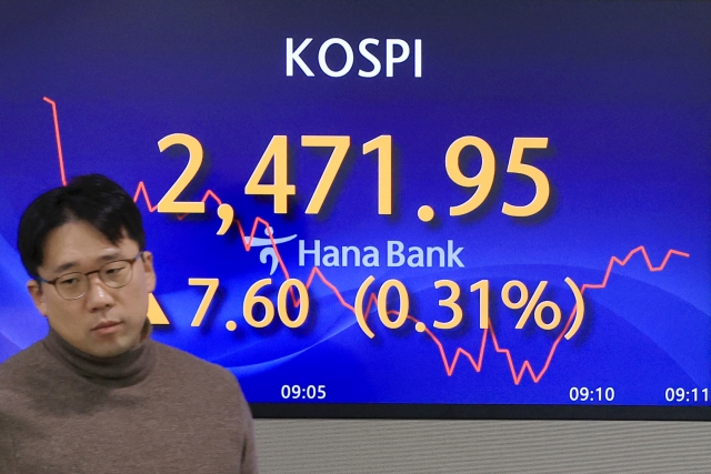 An electronic board showing the Korea Composite Stock Price Index at a dealing room of the Hana Bank headquarters in Seoul on Tuesday. (Yonhap)