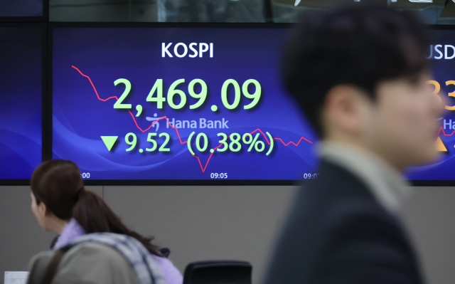 An electronic board showing the Korea Composite Stock Price Index at a dealing room of the Hana Bank headquarters in Seoul on Wednesday. (Yonhap)