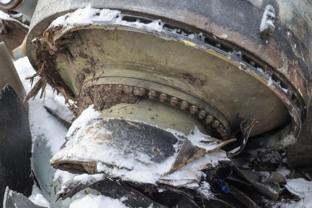 A view shows a part of an unidentified missile, which Ukrainian authorities believe was made in North Korea and was used in a strike by Russia in Kharkiv, Ukraine, Jan. 6. (Reuters)