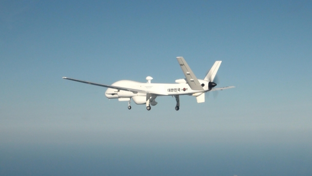 The prototype of a medium-altitude unmanned aerial vehicle manufactured by Korean Air is seen on Thursday. Defense Acquisition Program Administration )