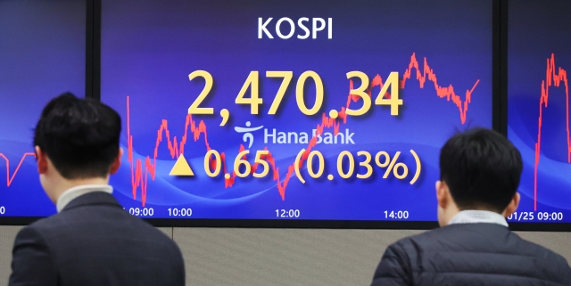 An electronic board showing the Korea Composite Stock Price Index at a dealing room of the Hana Bank headquarters in Seoul on Thursday. (Yonhap)