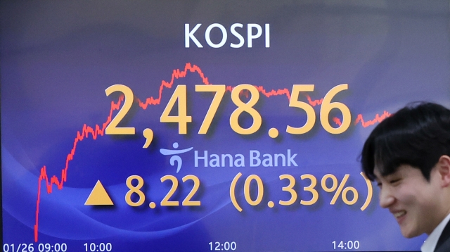 An electronic board showing the Korea Composite Stock Price Index at a dealing room of the Hana Bank headquarters in Seoul on Monday. (Yonhap)