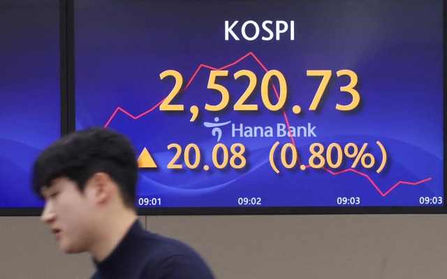 An electronic board showing the Korea Composite Stock Price Index at a dealing room of the Hana Bank headquarters in Seoul on Tuesday. (Yonhap)