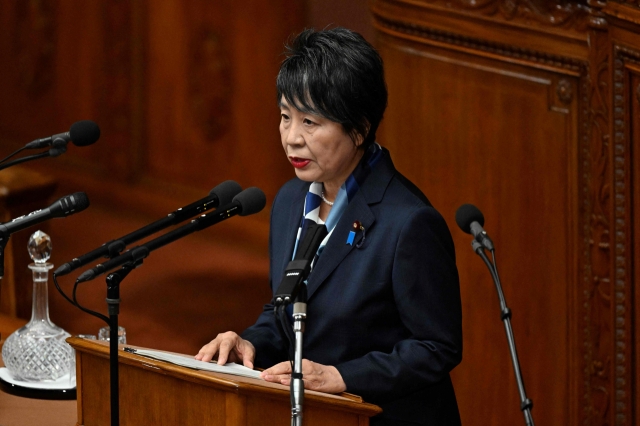 Japan's Foreign Minister Yoko Kamikawa delivers a speech during a plenary session of the lower house in Tokyo on Tuesday. (AFP)