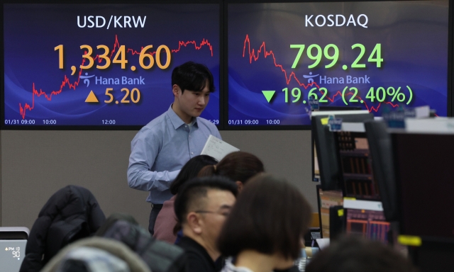 An electronic board showing the Korea Composite Stock Price Index at a dealing room of the Hana Bank headquarters in Seoul on Wednesday. (Yonhap)