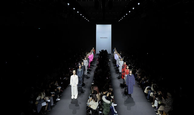 Models wear creations for Partsparts as part of the fall-winter 2024 collection showcased during Seoul Fashion Week at Dongdaemun Design Plaza in Seoul on Saturday. (Seoul City)