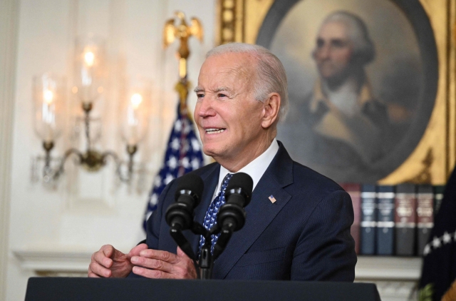 US President Joe Biden speaks about the Special Counsel report in the Diplomatic Reception Room of the White House in Washington, DC, on Thursday. (AFP-Yonhap)