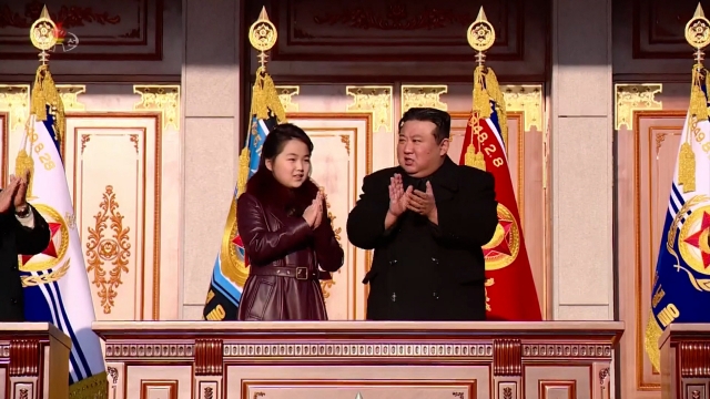 North Korean leader Kim Jong-un (center) and his daughter, Ju-ae (left), visit the defense ministry on Feb. 8, 2024, to mark the 76th founding anniversary of the North’s Korean People’s Army, in this photo released by the Korean Central News Agency the next day. (KCNA-Yonhap)