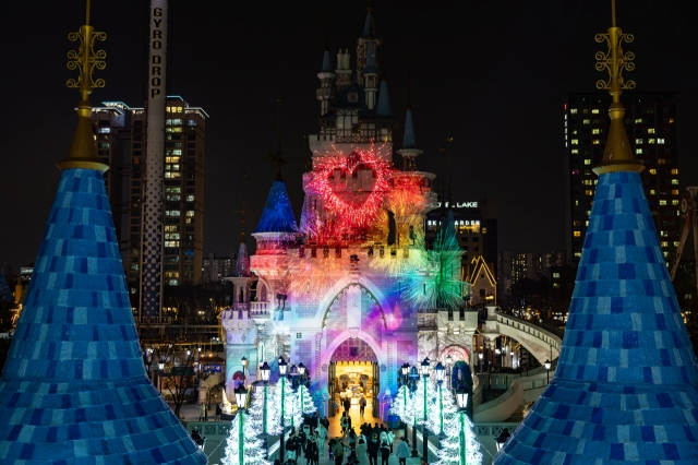 A digital firework show is displayed on the Magic Island castle at Lotte World Adventure in Songpa-gu, southeastern Seoul. (Lotte World Adventure)