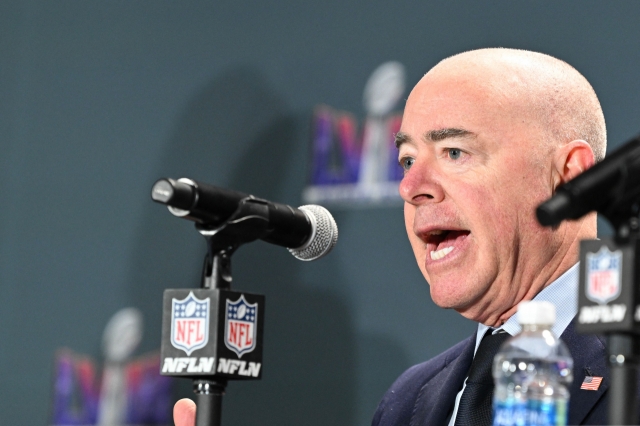 Alejandro Mayorkas speaks to the media about an overview of public safety plans for Super Bowl week at the Mandalay Bay Convention Center on February 07, 2024 in Las Vegas, Nevada. (AFP-Yonhap)