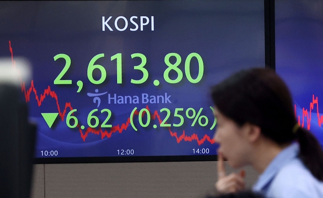 An electronic board showing the Korea Composite Stock Price Index at a dealing room of the Hana Bank headquarters in Seoul on Thursday. (Yonhap)