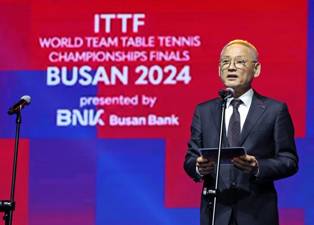 Culture Minister Yu In-chon delivers an opening address at the 2024 World Table Tennis Championship at the Bexco center in Busan on Saturday. (Ministry of Culture, Sports and Tourism)