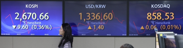 An electronic board showing the Korea Composite Stock Price Index at a dealing room of the Hana Bank headquarters in Seoul on Tuesday. (Yonhap)