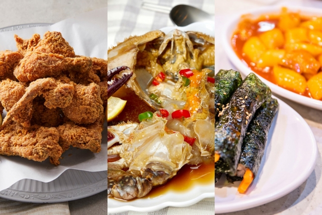 From left: Fried chicken, ganjang gaejang and bunsik were chosen as the popular Korean dishes among Creatrip's foreign tourists in 2023. (Creatrip)