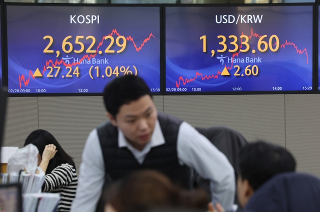 An electronic board showing the Korea Composite Stock Price Index at a dealing room of the Hana Bank headquarters in Seoul on Wednesday. (Yonhap)