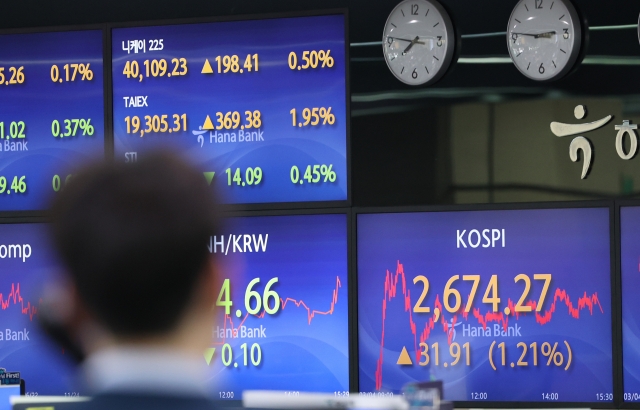 An electronic board showing the Korea Composite Stock Price Index at a dealing room of the Hana Bank headquarters in Seoul on Monday. (Yonhap)