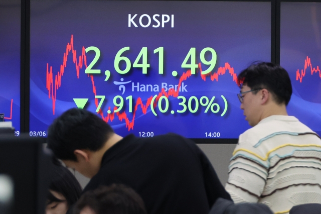 An electronic board showing the Korea Composite Stock Price Index at a dealing room of the Hana Bank headquarters in Seoul on Wednesday. (Yonhap)