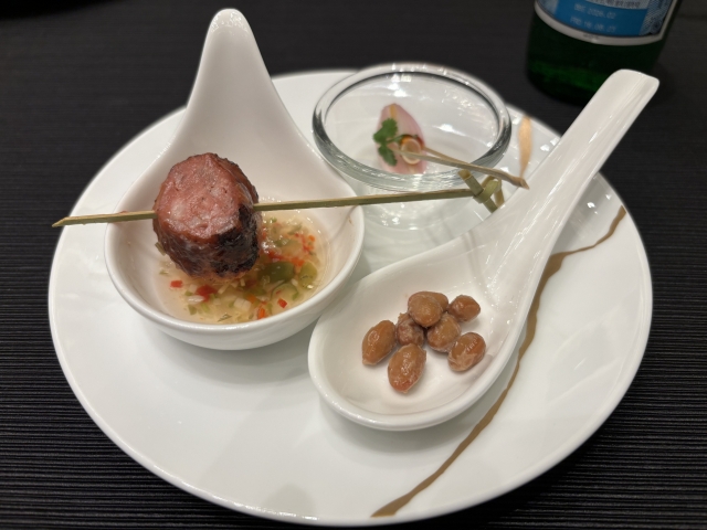 Fermented food samples prepared by chefs Johanne Siy of Lolla in Singapore, Peter Cuong Franklin of Anan Saigon in Ho Chi Mihn City and Richie Lin of Mume in Taipei at Asia’s 50 Best Restaurants 2024’s #50BestTalks at Four Seasons Hotel Seoul on Monday. (Kim Da-sol/The Korea Herald)