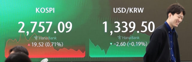 An electronic board showing the Korea Composite Stock Price Index at a dealing room of the Hana Bank headquarters in Seoul on Tuesday. (Yonhap)