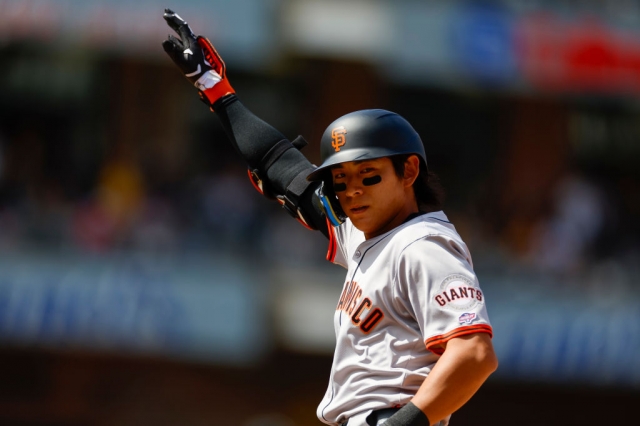 Lee Jung-hoo of the San Francisco Giants celebrates after hitting a single against the San Diego Padres for his first Major League Baseball hit during a regular-season game at Petco Park in San Diego on Thursday. (Getty Imanges)