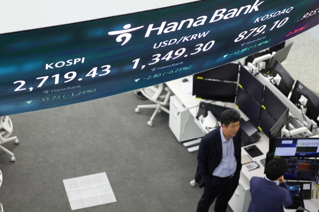 An electronic board showing the Korea Composite Stock Price Index at a dealing room of the Hana Bank headquarters in Seoul on Wednesday. (Yonhap)