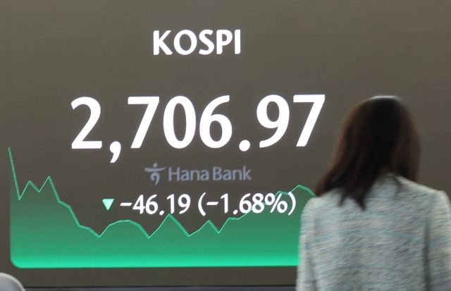 An electronic board showing the Korea Composite Stock Price Index at a dealing room of the Hana Bank headquarters in Seoul on Wednesday. (Yonhap)