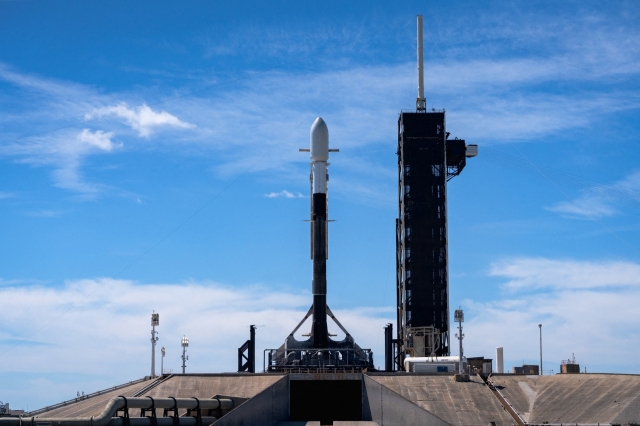 This photo taken on Sunday shows a SpaceX Falcon 9 rocket ahead of the launch of South Korea's second spy satellite at the John F. Kennedy Space Center in Florida. (The defense ministry)