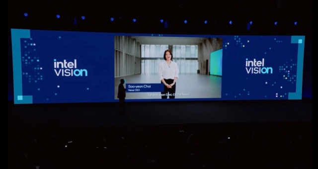 Naver CEO Choi Soo-yeon speaks in a pre-recorded video message during the Intel Vision 2024 keynote speech session, in Phoenix, Tuesday. (Intel Corporation)