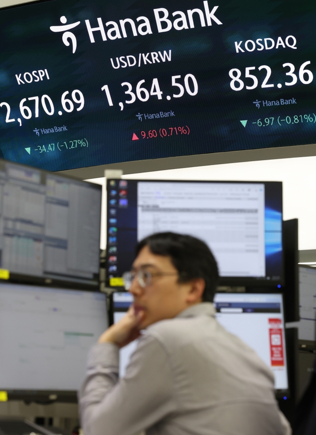 An electronic board showing the Korea Composite Stock Price Index at a dealing room of the Hana Bank headquarters in Seoul on Thursday. (Yonhap)