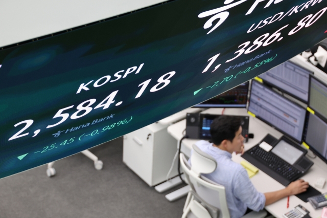 An electronic board showing the Korea Composite Stock Price Index at a dealing room of the Hana Bank headquarters in Seoul on Wednesday. (Yonhap)