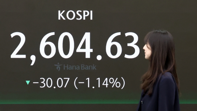 An electronic board showing the Korea Composite Stock Price Index at a dealing room of the Hana Bank headquarters in Seoul on Friday. (Yonhap)