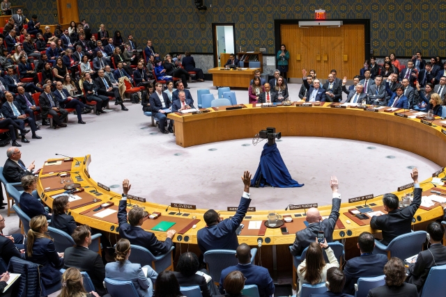 Members of the Security Council vote on a resolution regarding Palestinian U.N. membership during a Security Council at UN headquarters in New York City, New York, Thursday. (Reuters)