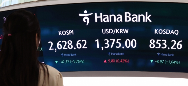 An electronic board showing the Korea Composite Stock Price Index at a dealing room of the Hana Bank headquarters in Seoul on Thursday. (Yonhap)