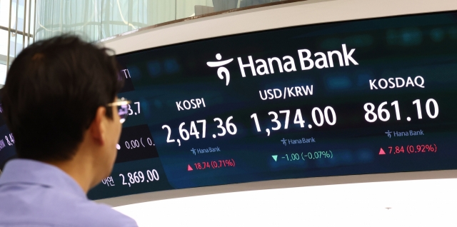 An electronic board showing the Korea Composite Stock Price Index at a dealing room of the Hana Bank headquarters in Seoul on Friday. (Yonhap)