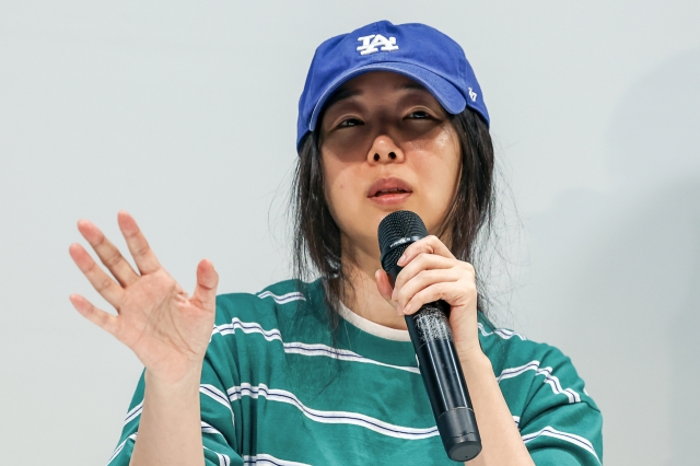 Ador CEO Min Hee-jin speaks during a press conference held in Seocho-gu, Seoul, Thursday. (Yonhap)