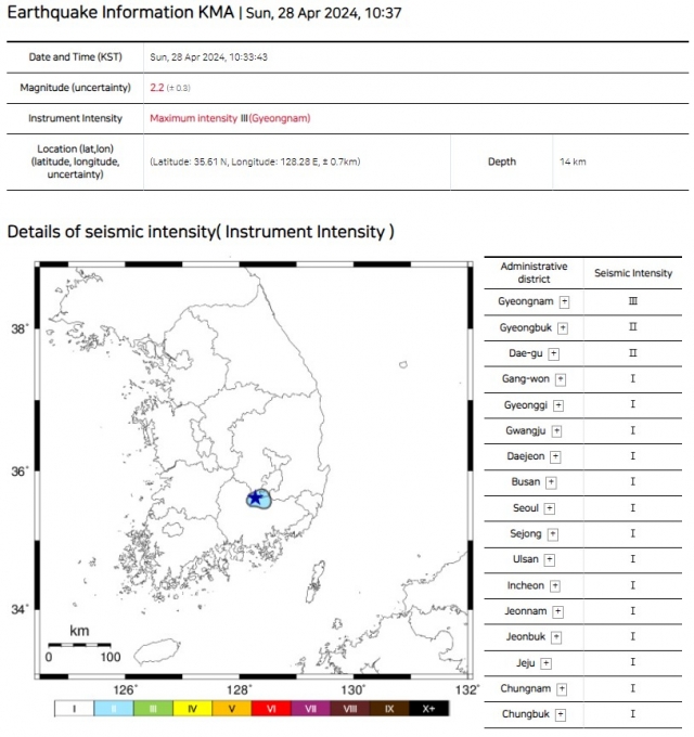 This image shows the epicenter of a 2.2 magnitude earthquake that struck near the southern county of Hapcheon on Sunday. (Korea Meteorological Administration)