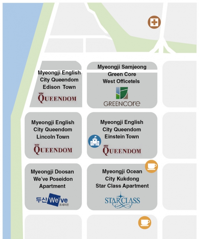 Map displaying the names of apartment complexes in Myeongji-dong, Gangseo-gu, Busan (The Korea Herald)