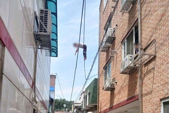 A woman in her 40s from Uzbekistan is seen hanging on overhead power lines. (Newsis)