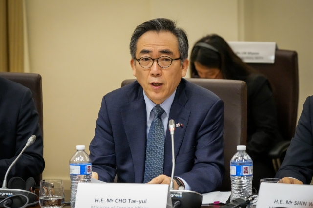 South Korean Foreign Minister Cho Tae-yul speaks during the sixth South Korea-Australia ministerial meeting in Melbourne, Australia, on May 1. (Yonhap)