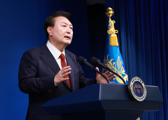 President Yoon Suk Yeol speaks during a press conference held at the presidential office in Yongsa, central Seoul, on Thursday. (Yonhap)