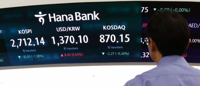 An electronic board showing the Korea Composite Stock Price Index at a dealing room of the Hana Bank headquarters in Seoul on Thursday. (Yonhap)